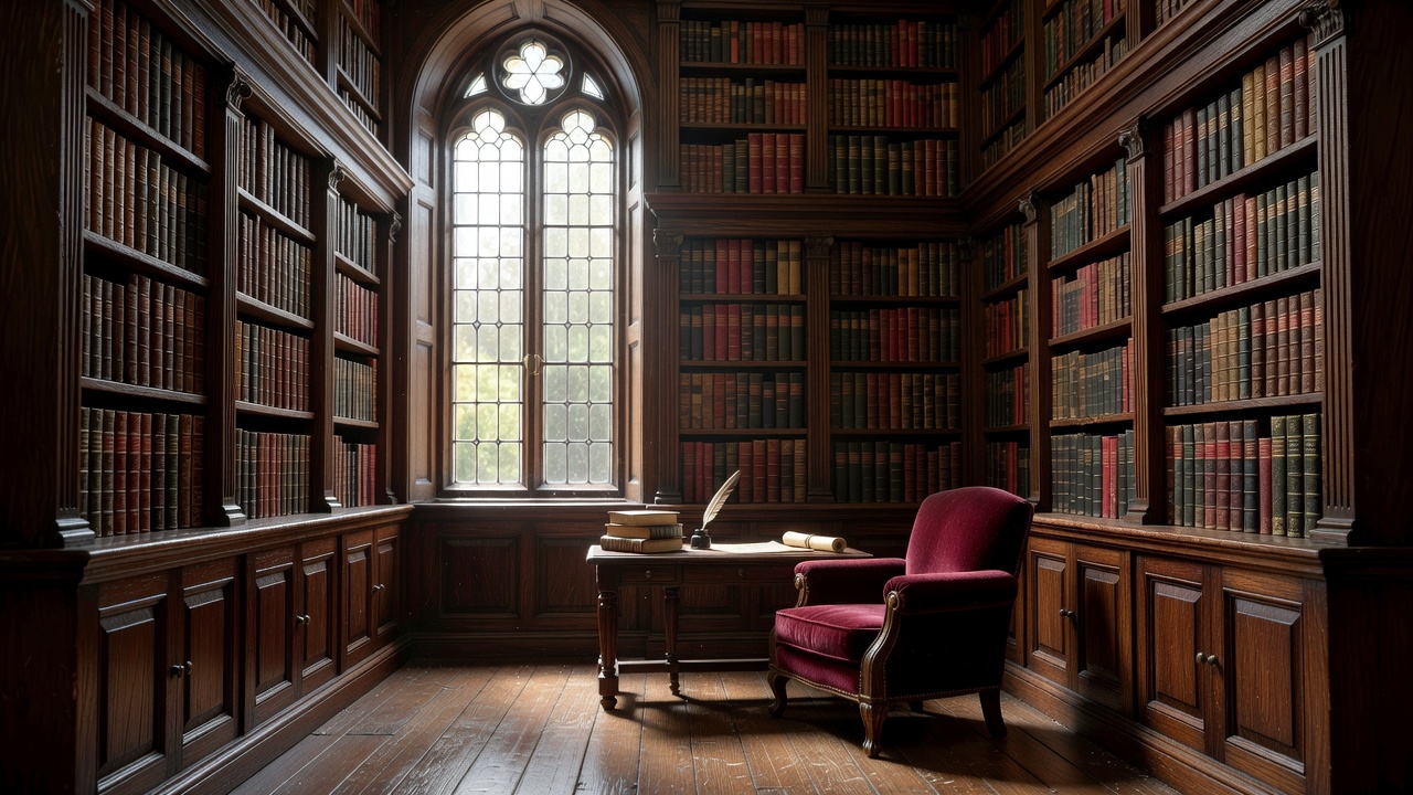 Detailed hyperrealistic miniature library room interior