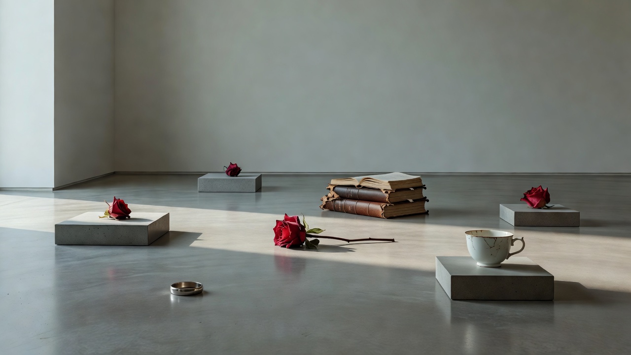 Emotional minimalist exhibit room with donated heartbreak tokens