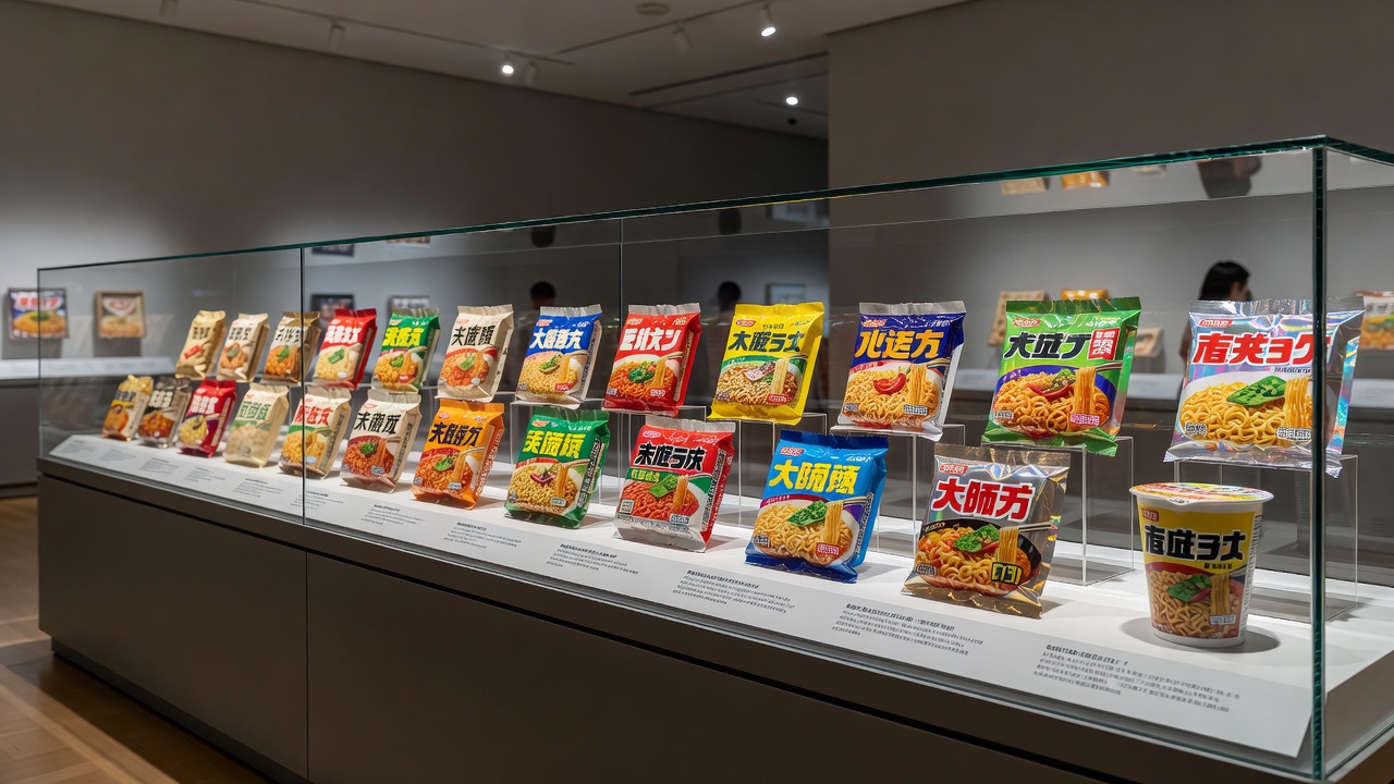 Instant Ramen museum display with colorful noodle packages