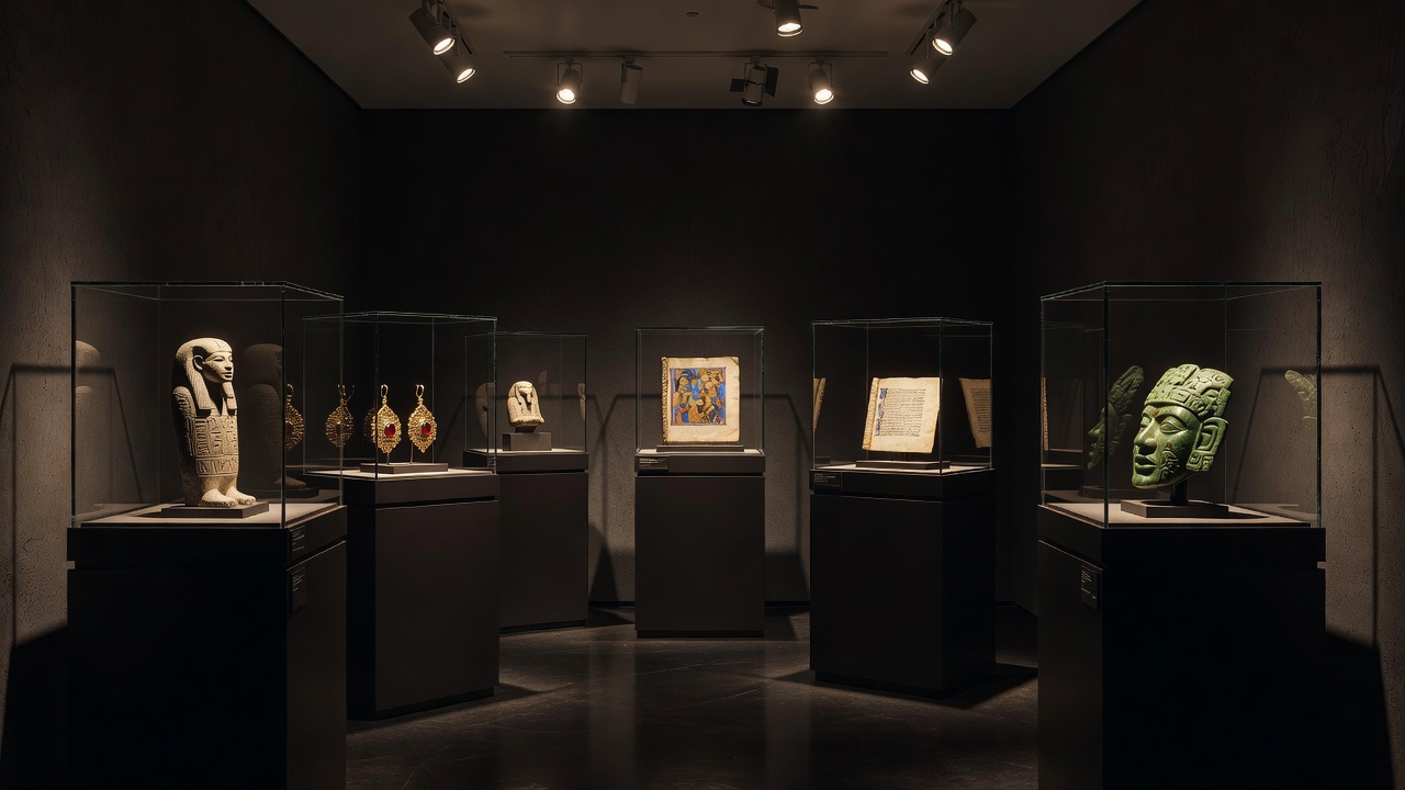 Intimate museum room exhibit display spotlighting rare art