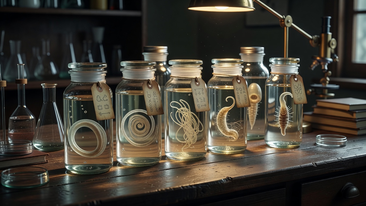 Laboratory glass specimen jars with scientific parasite archives