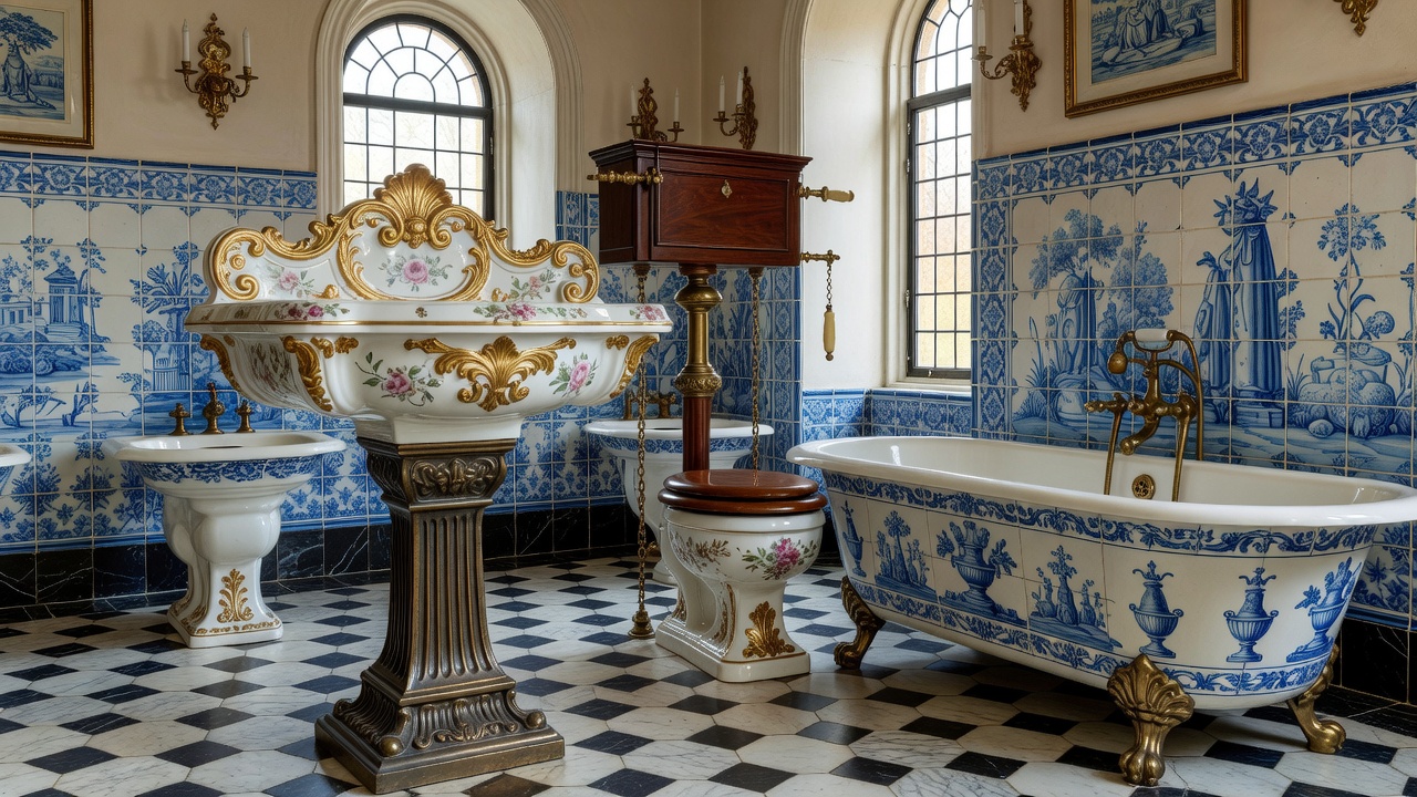 Ornate bathroom and historical ceramic fixture display